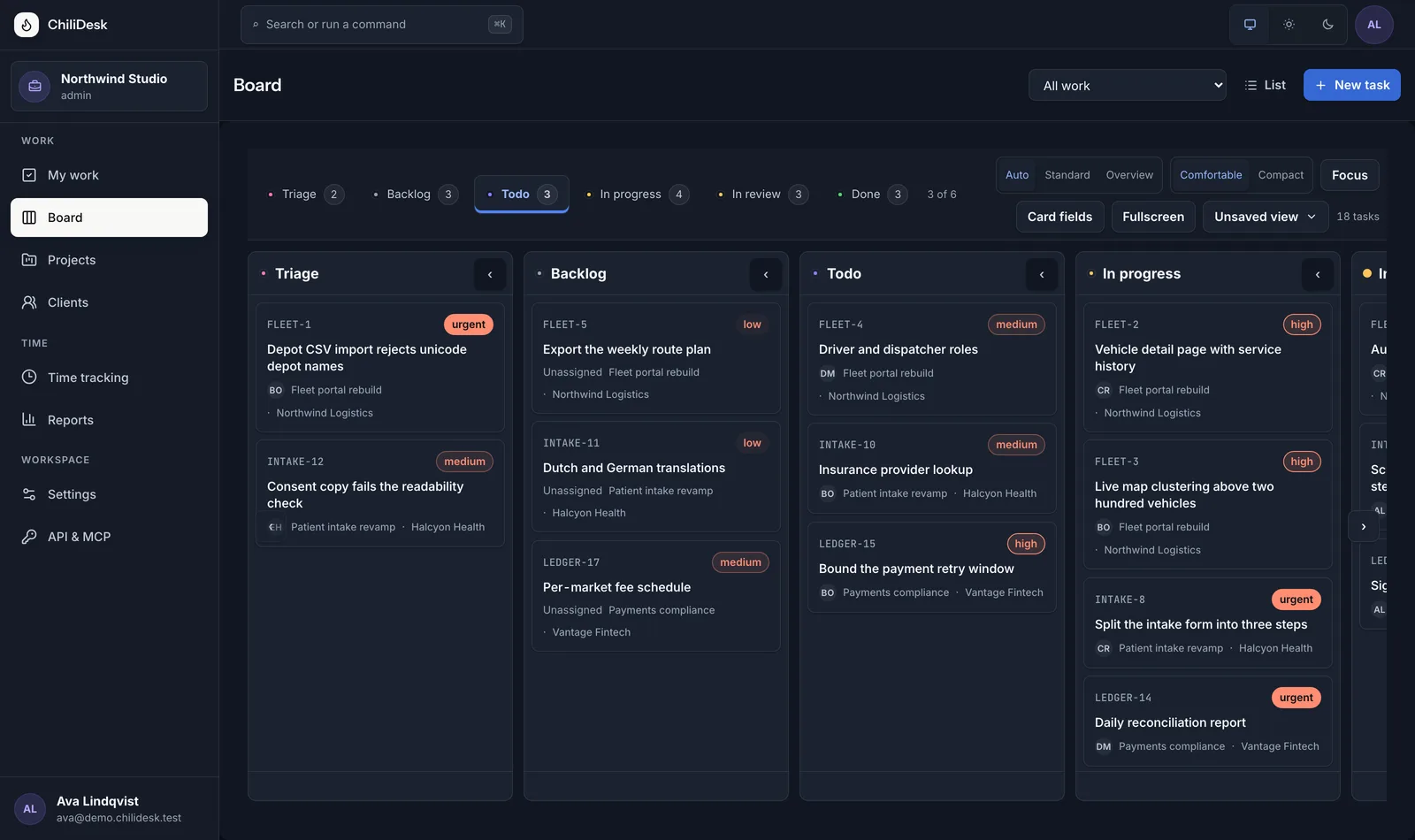 The ChiliDesk board: five workflow lanes of client tasks, each card showing its priority, assignee, project and client